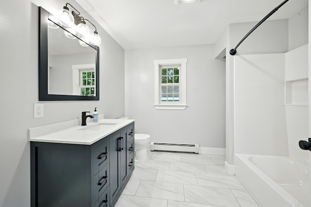 22 Sanborn Cir, Norway, ME 04268 - bathroom with a baseboard radiator, marble look tiles, vanity, and healthy amount of natural light