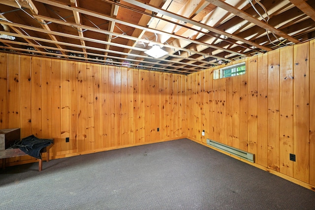 22 Sanborn Cir, Norway, ME 04268 - basement with baseboard heating, wood walls, and carpet flooring