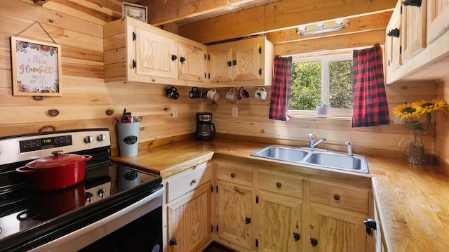 711 Stetson Rd, Exeter, ME 04435 - kitchen with electric stove, light countertops, wood walls, and light brown cabinetry