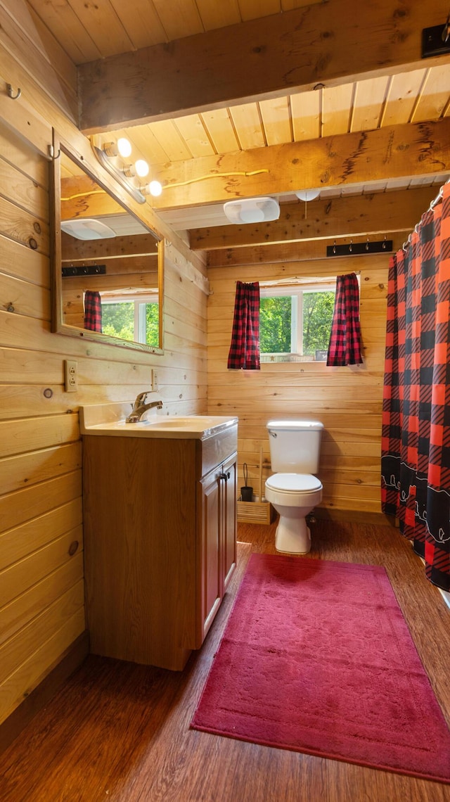 711 Stetson Rd, Exeter, ME 04435 - full bathroom featuring wood walls, a wooden ceiling with exposed beams, plenty of natural light, vanity, and wood finished floors