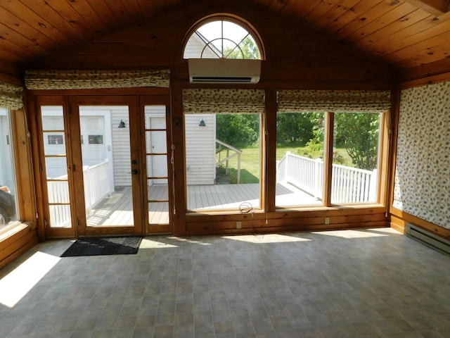 27 Main St, Norridgewock, ME 04957 - unfurnished sunroom featuring a wall mounted air conditioner, lofted ceiling, a deck, wooden ceiling, and wooden walls