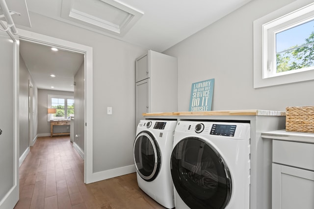 56 Ledgewood Dr, Falmouth, ME 04105 - washroom with independent washer and dryer, cabinet space, attic access, light wood finished floors, and recessed lighting