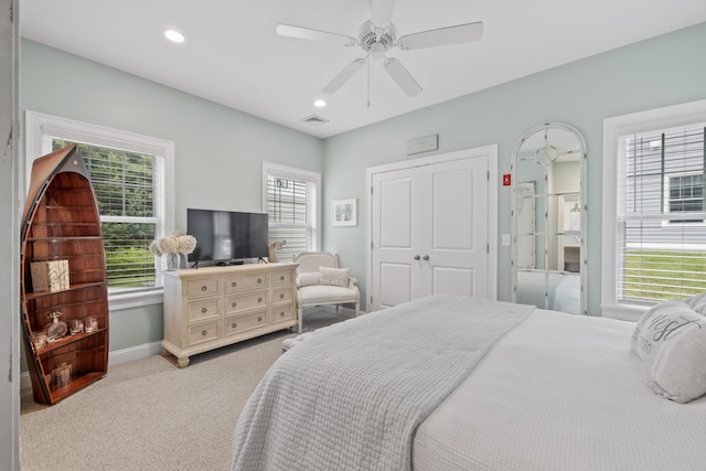 18 Frontier Way Unit 162, Arundel, ME 04046 - bedroom with light colored carpet, recessed lighting, and a ceiling fan