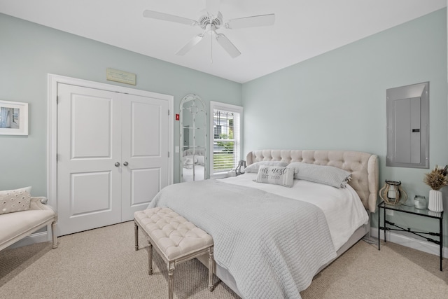 18 Frontier Way Unit 162, Arundel, ME 04046 - bedroom with electric panel, light carpet, a closet, and a ceiling fan