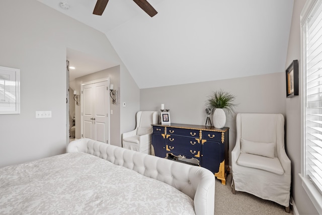 18 Frontier Way Unit 162, Arundel, ME 04046 - bedroom featuring lofted ceiling, carpet, a closet, and a ceiling fan