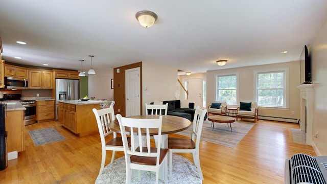 3 Marr Farm Way, Scarborough, ME 04074 - dining area featuring stairs, light wood-type flooring, baseboard heating, and recessed lighting