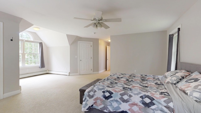 3 Marr Farm Way, Scarborough, ME 04074 - bedroom with baseboard heating, light carpet, a ceiling fan, and vaulted ceiling