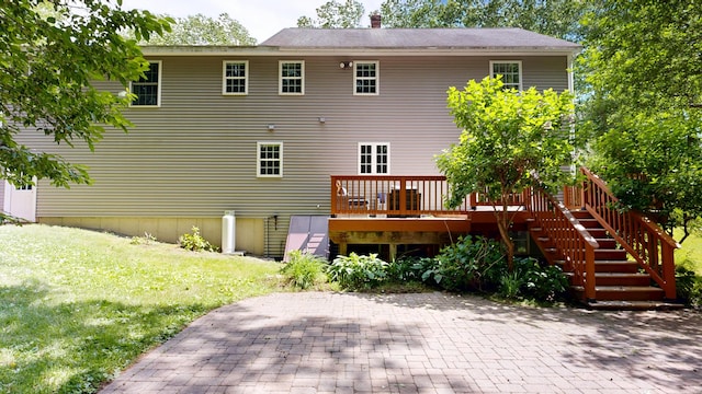 3 Marr Farm Way, Scarborough, ME 04074 - back of property featuring a deck, a lawn, a patio, a chimney, and stairs