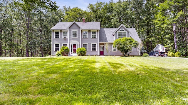 3 Marr Farm Way, Scarborough, ME 04074 - colonial house with a front lawn, a chimney, entry steps, and view of wooded area