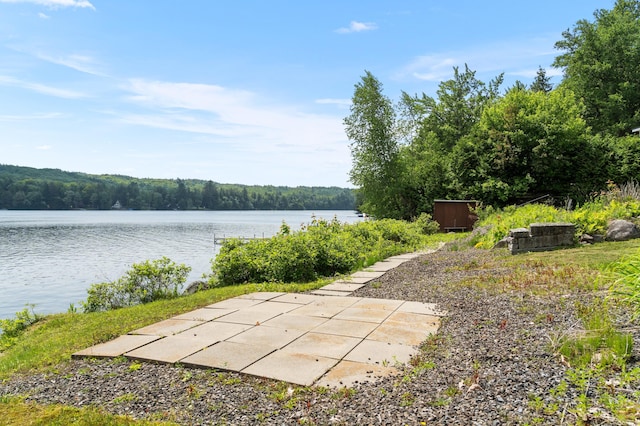 76 Colony Rd, Belgrade, ME 04917 - view of yard featuring a water view, a wooded view, and a patio
