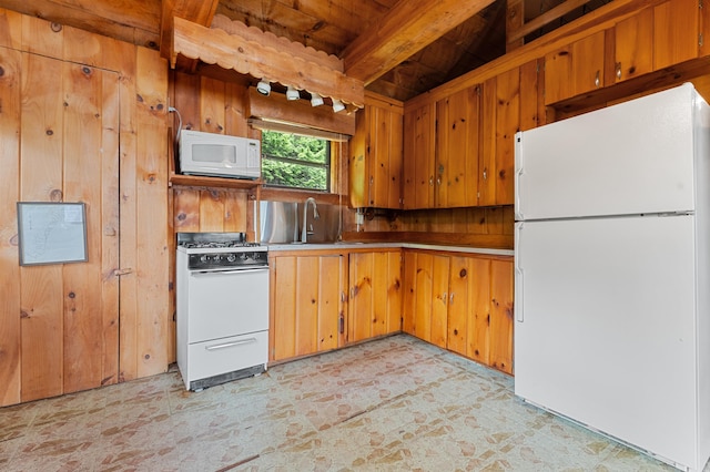 76 Colony Rd, Belgrade, ME 04917 - kitchen featuring white appliances, a wood ceiling with exposed beams, and wood walls