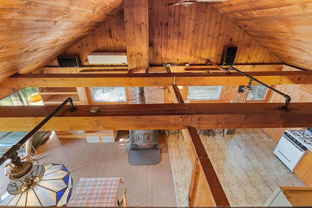 76 Colony Rd, Belgrade, ME 04917 - unfurnished living room featuring lofted ceiling, wood ceiling, and wooden walls