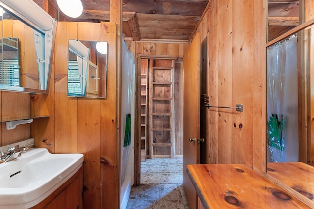 76 Colony Rd, Belgrade, ME 04917 - full bath featuring wooden walls, wood ceiling, and curtained shower