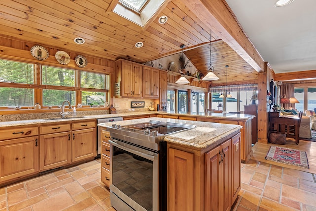 59 Wild Acres Rd, Raymond, ME 04071 - kitchen featuring stainless steel electric range, a skylight, plenty of natural light, wood ceiling, and dishwashing machine