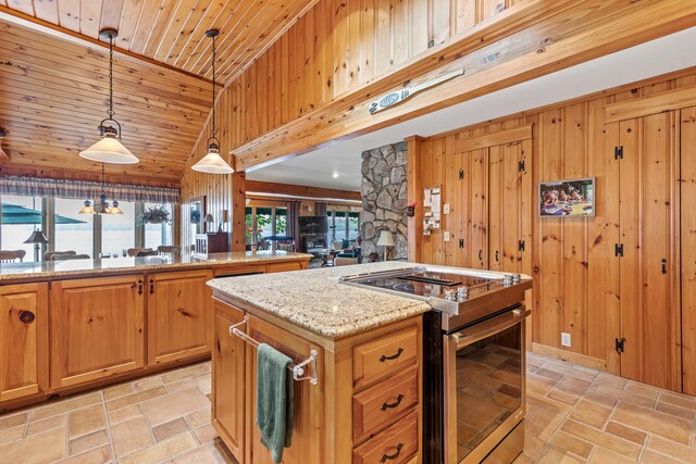 59 Wild Acres Rd, Raymond, ME 04071 - kitchen with stainless steel electric stove, stone tile floors, a kitchen island, wooden ceiling, and wooden walls