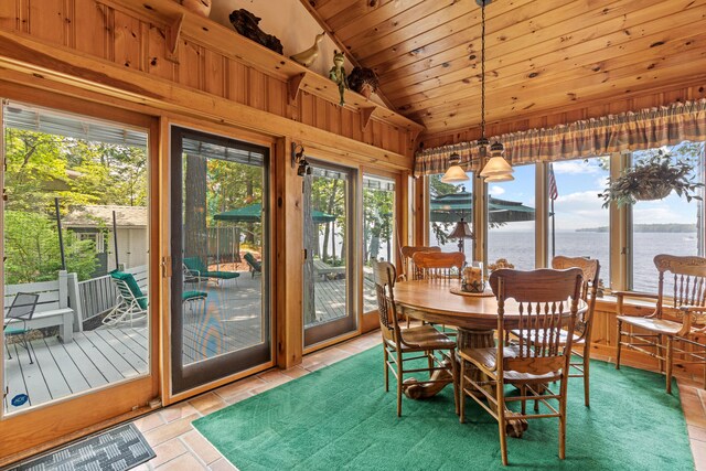 59 Wild Acres Rd, Raymond, ME 04071 - dining room with lofted ceiling, a water view, wood ceiling, and wooden walls