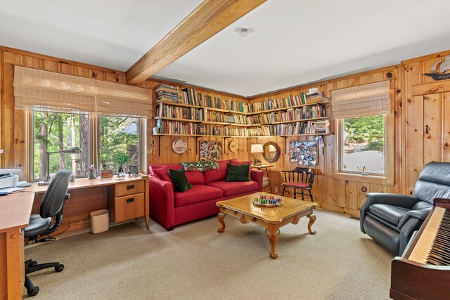 59 Wild Acres Rd, Raymond, ME 04071 - carpeted home office with wooden walls and beam ceiling
