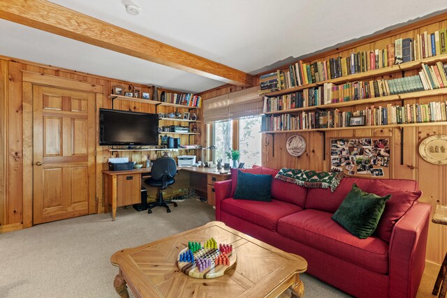 59 Wild Acres Rd, Raymond, ME 04071 - home office featuring carpet flooring, beam ceiling, wooden walls, and built in study area