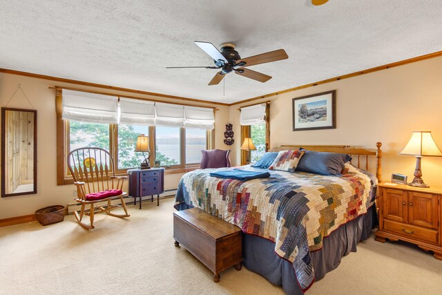 59 Wild Acres Rd, Raymond, ME 04071 - bedroom with multiple windows, light carpet, ornamental molding, a baseboard heating unit, and ceiling fan