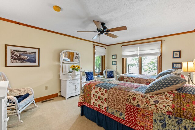 59 Wild Acres Rd, Raymond, ME 04071 - bedroom with multiple windows, light carpet, ornamental molding, and ceiling fan
