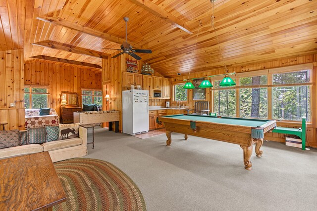 59 Wild Acres Rd, Raymond, ME 04071 - rec room featuring healthy amount of natural light, billiards table, wooden ceiling, light colored carpet, and wooden walls