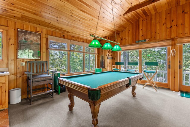 59 Wild Acres Rd, Raymond, ME 04071 - rec room with vaulted ceiling, wood walls, wood ceiling, billiards table, and carpet