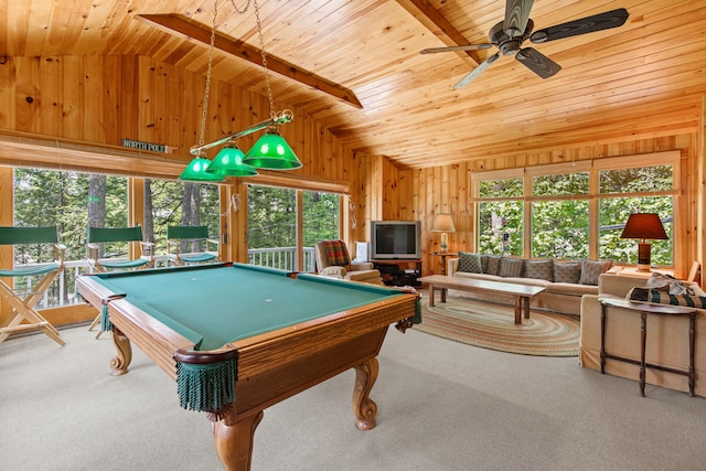 59 Wild Acres Rd, Raymond, ME 04071 - game room with lofted ceiling, wood walls, plenty of natural light, wooden ceiling, and pool table