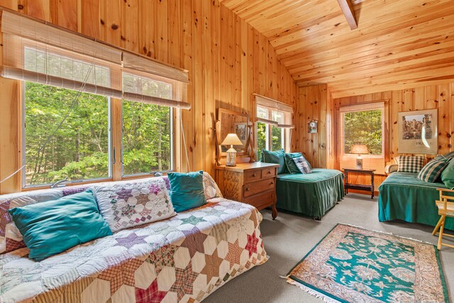 59 Wild Acres Rd, Raymond, ME 04071 - carpeted living room featuring vaulted ceiling, wooden walls, and wood ceiling