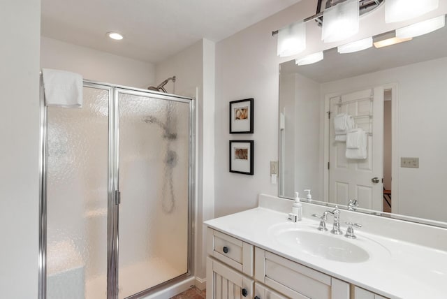 17 White Cap Ln, Wells, ME 04090 - full bathroom with a stall shower, vanity, and recessed lighting