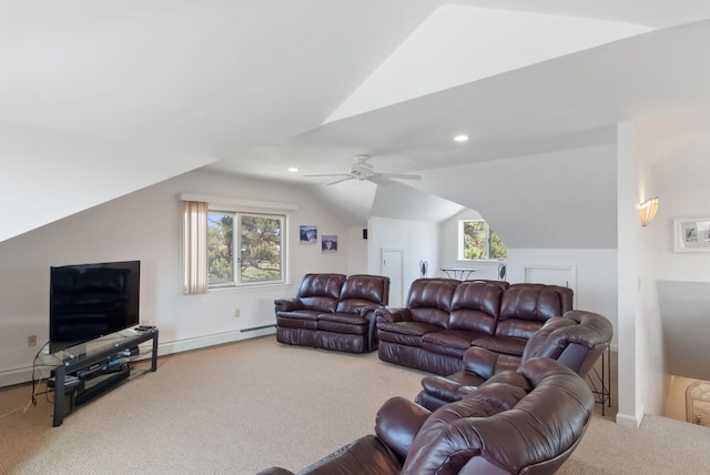 17 White Cap Ln, Wells, ME 04090 - living area featuring vaulted ceiling, carpet flooring, ceiling fan, and recessed lighting
