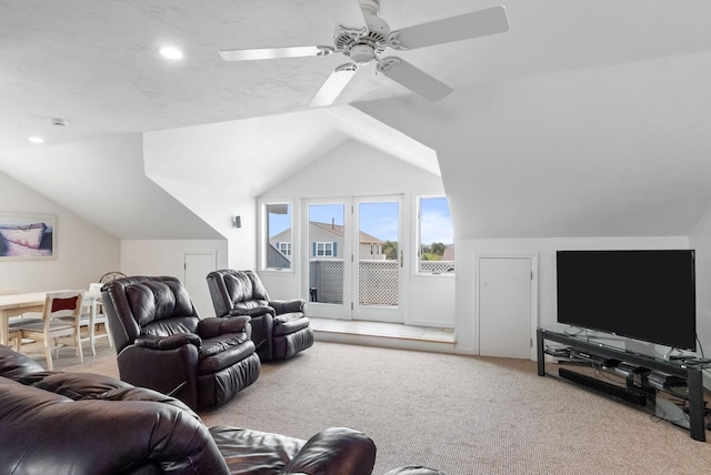 17 White Cap Ln, Wells, ME 04090 - living area featuring carpet floors, lofted ceiling, ceiling fan, and recessed lighting