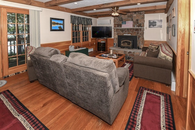 115 Fuller Ln, Denmark, ME 04022 - living area with wood finished floors, beam ceiling, a ceiling fan, and recessed lighting