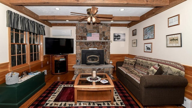 115 Fuller Ln, Denmark, ME 04022 - living area with wood finished floors, beamed ceiling, recessed lighting, ceiling fan, and a baseboard radiator