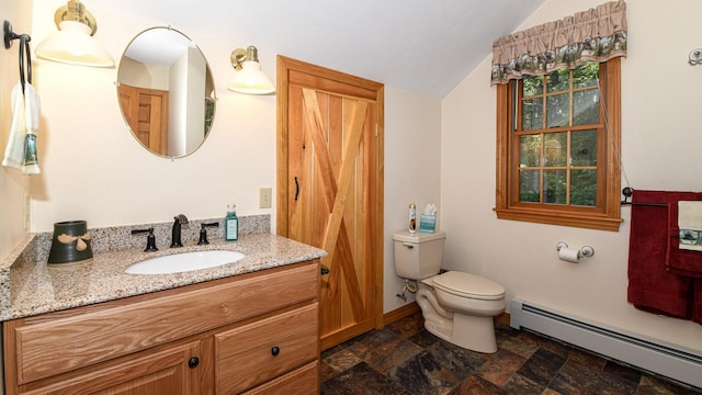 115 Fuller Ln, Denmark, ME 04022 - bathroom featuring a baseboard radiator, vaulted ceiling, vanity, and stone finish flooring