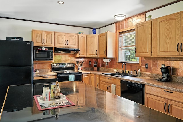 10 Tenacious Way, Augusta, ME 04330 - kitchen with black appliances, under cabinet range hood, tasteful backsplash, light brown cabinets, and crown molding