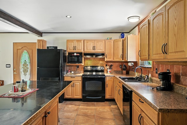 10 Tenacious Way, Augusta, ME 04330 - kitchen with black appliances, extractor fan, tasteful backsplash, beamed ceiling, and dark countertops