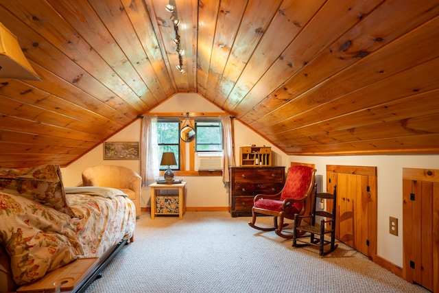 260 Coombs Rd, Brunswick, ME 04011 - carpeted bedroom with wood ceiling, vaulted ceiling, track lighting, and cooling unit