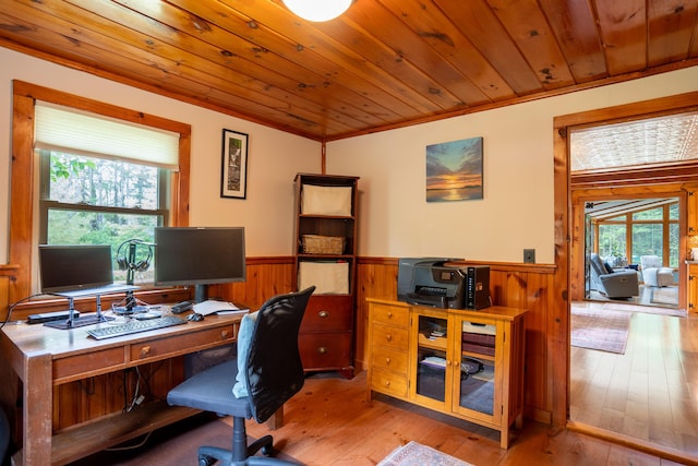 260 Coombs Rd, Brunswick, ME 04011 - home office with wood ceiling, wainscoting, hardwood / wood-style flooring, wood walls, and crown molding