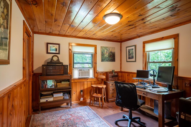 260 Coombs Rd, Brunswick, ME 04011 - office space featuring wainscoting, wooden walls, cooling unit, wood finished floors, and wooden ceiling