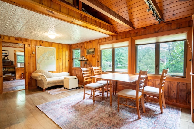 260 Coombs Rd, Brunswick, ME 04011 - dining area featuring rail lighting, wooden walls, light wood-style floors, and beamed ceiling