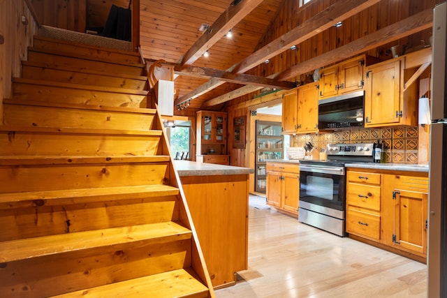 260 Coombs Rd, Brunswick, ME 04011 - kitchen featuring electric stove, black microwave, tasteful backsplash, light wood-style floors, and wooden ceiling