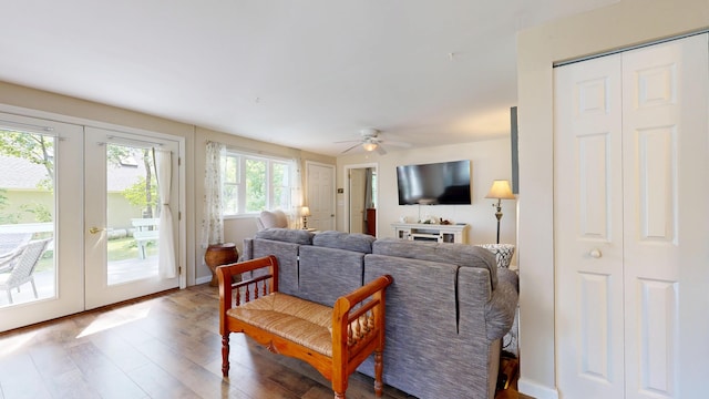 15 Cattail Ln, Monmouth, ME 04259 - living room featuring french doors, wood finished floors, and ceiling fan