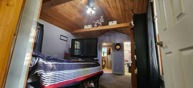 48 Gary St, Paris, ME 04281 - bedroom with dark carpet, vaulted ceiling, and wood ceiling