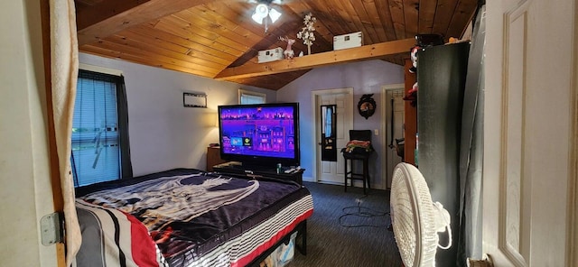 48 Gary St, Paris, ME 04281 - bedroom featuring carpet flooring, vaulted ceiling, and wood ceiling