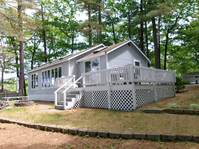24 Paradise Dr, Monmouth, ME 04259 - rear view of house with a deck, stairs, and a fire pit