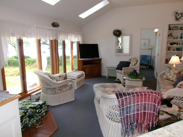 24 Paradise Dr, Monmouth, ME 04259 - living area with a skylight, lofted ceiling, a baseboard heating unit, and carpet floors