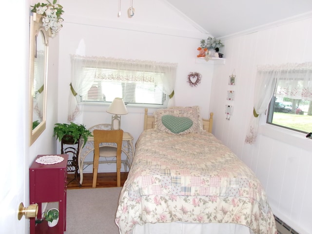 24 Paradise Dr, Monmouth, ME 04259 - bedroom with lofted ceiling, carpet flooring, crown molding, and a baseboard radiator
