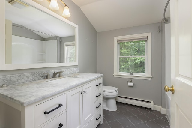 3 Cape Woods Dr Unit 3, Cape Elizabeth, ME 04107 - full bathroom featuring a baseboard heating unit, vaulted ceiling, vanity, and tile patterned flooring