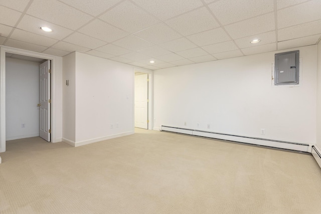 3 Cape Woods Dr Unit 3, Cape Elizabeth, ME 04107 - below grade area featuring light carpet, a drop ceiling, electric panel, recessed lighting, and a baseboard radiator