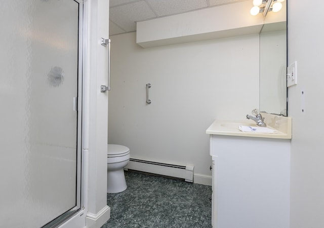 3 Cape Woods Dr Unit 3, Cape Elizabeth, ME 04107 - bathroom with a baseboard heating unit, vanity, a stall shower, a paneled ceiling, and tile patterned floors